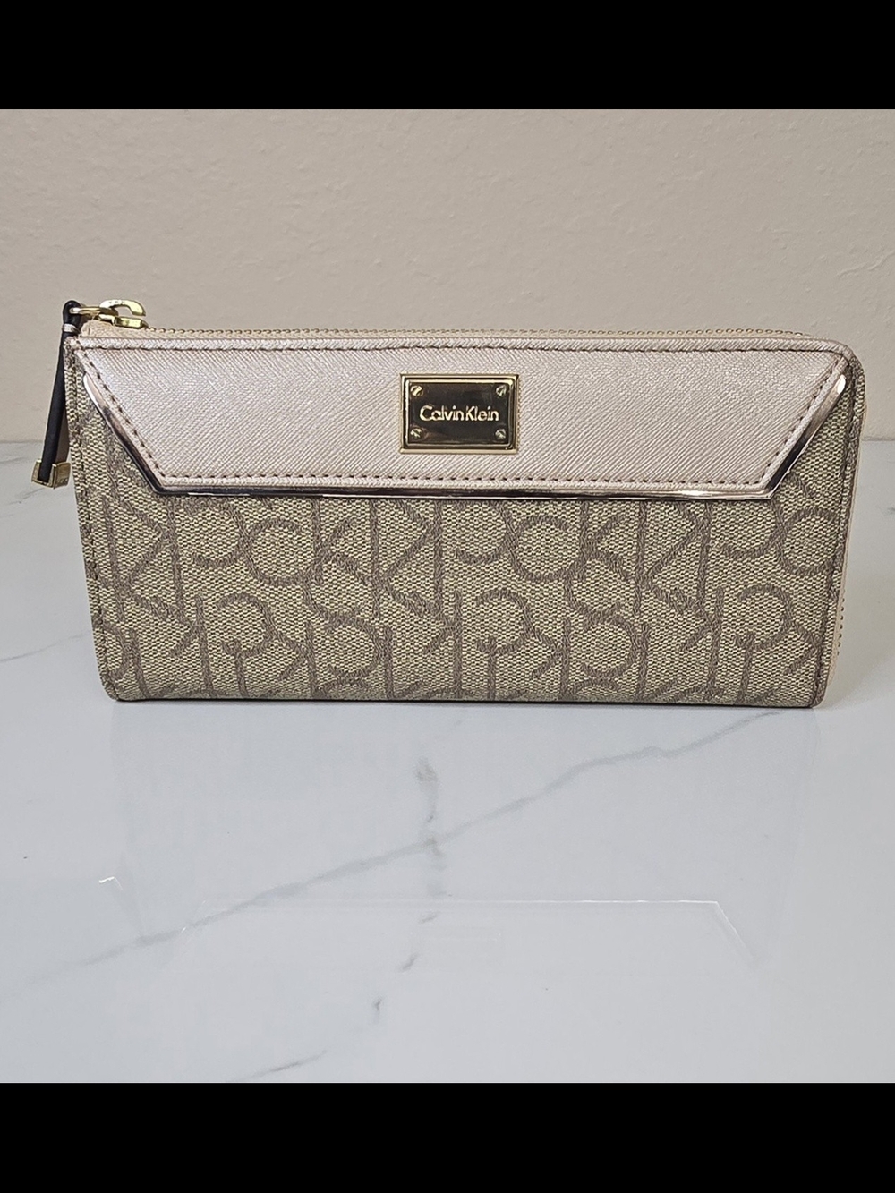 Calvin Klein Signature Monogram Zip Around Wallet  Gold Tone Continental Wallet